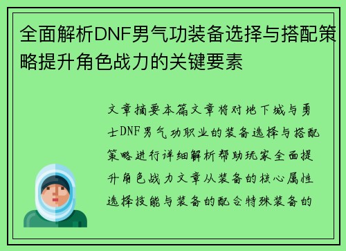 全面解析DNF男气功装备选择与搭配策略提升角色战力的关键要素